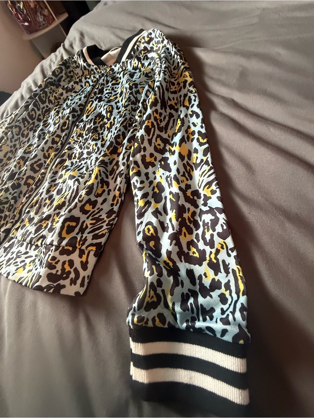 Blowfish Leopard Print Bomber Jacket in Black, White, Yellow